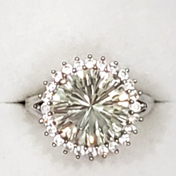 Green Amethyst (Prasiolite) & White Zircon halo ring in Platinum over 925SS  sz7 - Picture 1 of 6